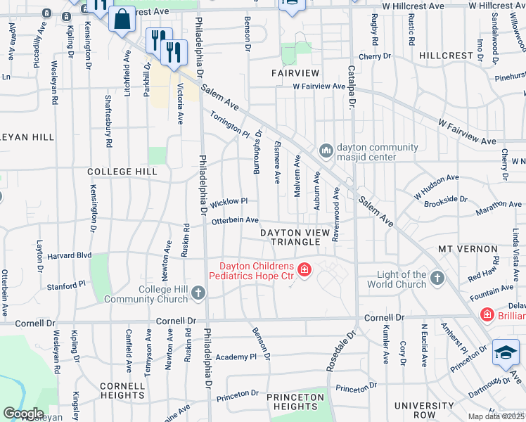 map of restaurants, bars, coffee shops, grocery stores, and more near 1810 Burroughs Drive in Dayton
