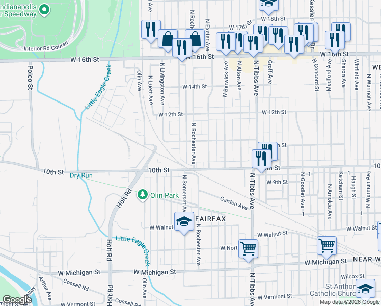 map of restaurants, bars, coffee shops, grocery stores, and more near 1032 North Rochester Avenue in Indianapolis