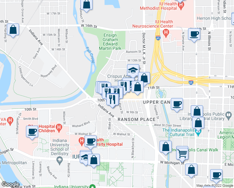 map of restaurants, bars, coffee shops, grocery stores, and more near 724 West 10th Street in Indianapolis