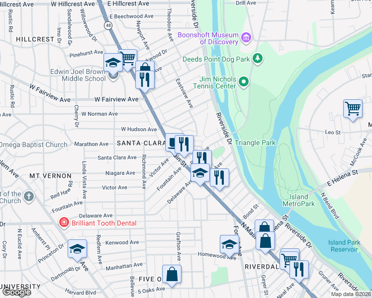 map of restaurants, bars, coffee shops, grocery stores, and more near 116 Indianola Avenue in Dayton