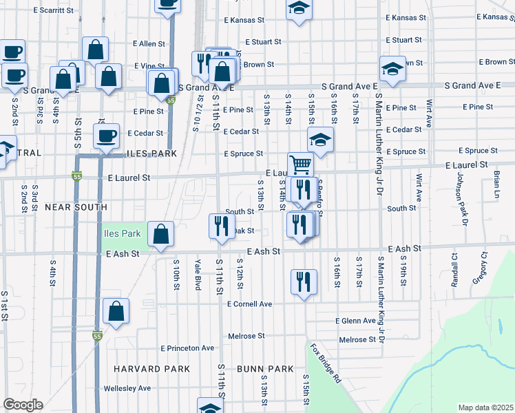 map of restaurants, bars, coffee shops, grocery stores, and more near 1851 South 13th Street in Springfield