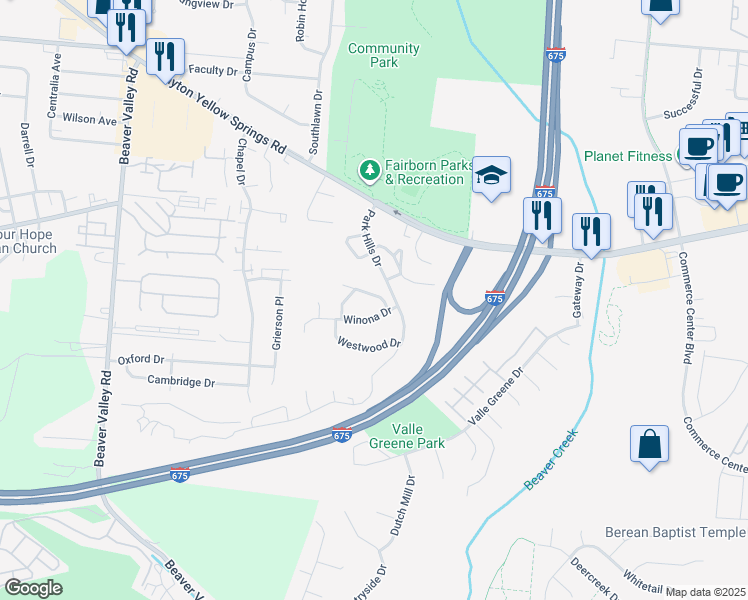 map of restaurants, bars, coffee shops, grocery stores, and more near 616 Kyle Lane in Fairborn
