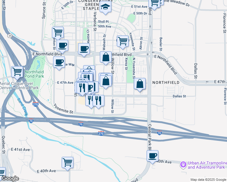 map of restaurants, bars, coffee shops, grocery stores, and more near 8634 Northfield Boulevard in Denver