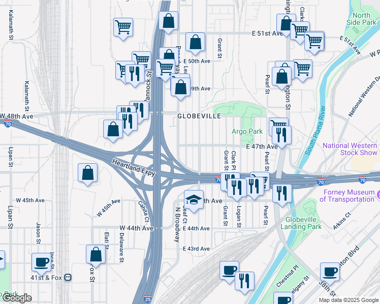 map of restaurants, bars, coffee shops, grocery stores, and more near 4672 Leaf Court in Denver