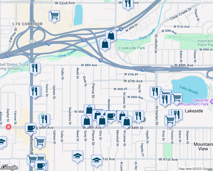 map of restaurants, bars, coffee shops, grocery stores, and more near 4660 Otis Street in Wheat Ridge