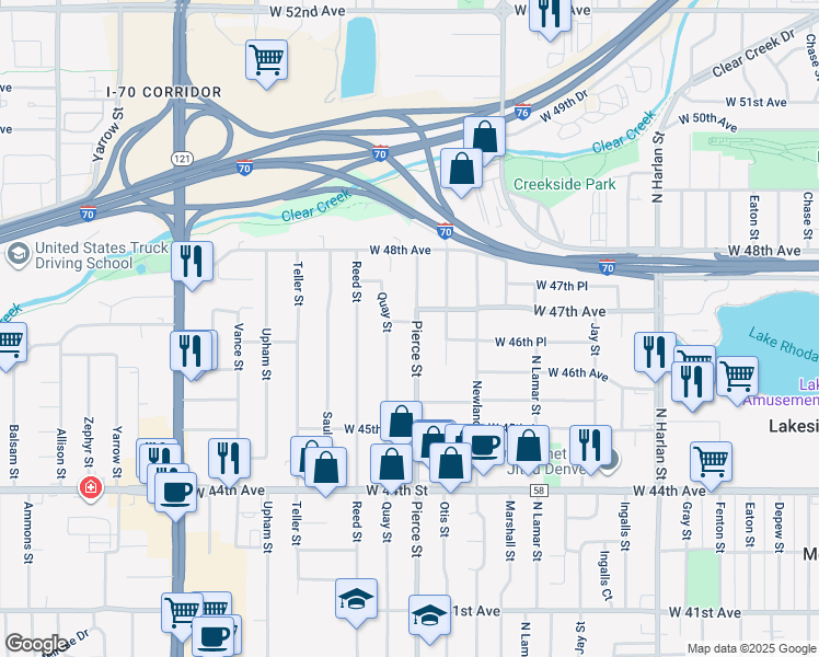 map of restaurants, bars, coffee shops, grocery stores, and more near 4680 Pierce Street in Wheat Ridge