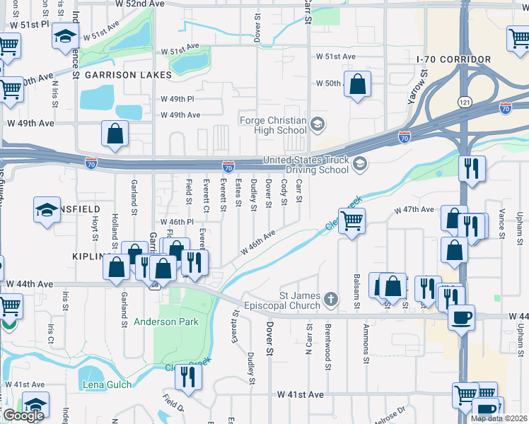 map of restaurants, bars, coffee shops, grocery stores, and more near 4704 Dover Street in Wheat Ridge