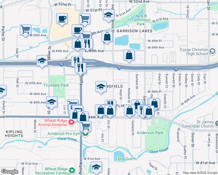 map of restaurants, bars, coffee shops, grocery stores, and more near in Wheat Ridge
