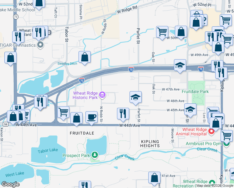 map of restaurants, bars, coffee shops, grocery stores, and more near 4645 Quail Street in Wheat Ridge