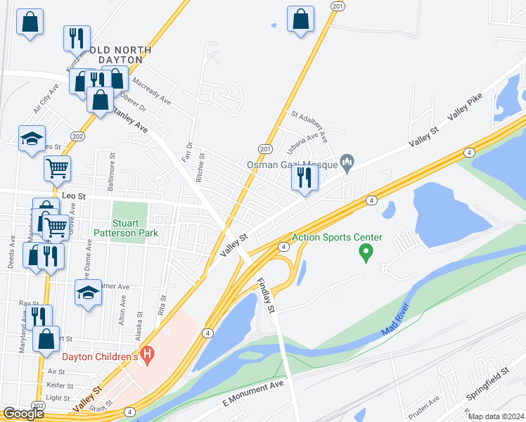 map of restaurants, bars, coffee shops, grocery stores, and more near 1217 Valley Street in Dayton