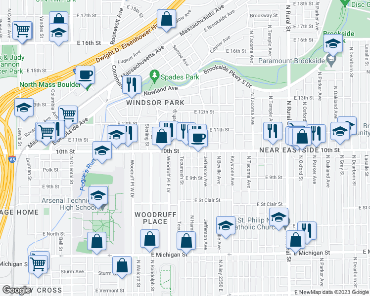 map of restaurants, bars, coffee shops, grocery stores, and more near 2026 East 10th Street in Indianapolis