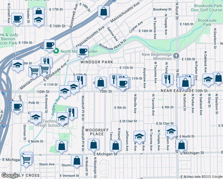 map of restaurants, bars, coffee shops, grocery stores, and more near 2026 East 10th Street in Indianapolis