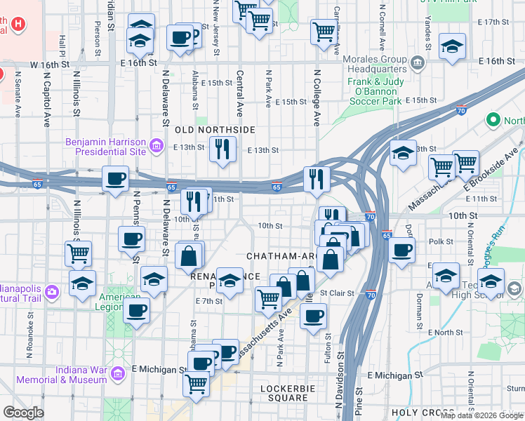 map of restaurants, bars, coffee shops, grocery stores, and more near 537 East 11th Street in Indianapolis