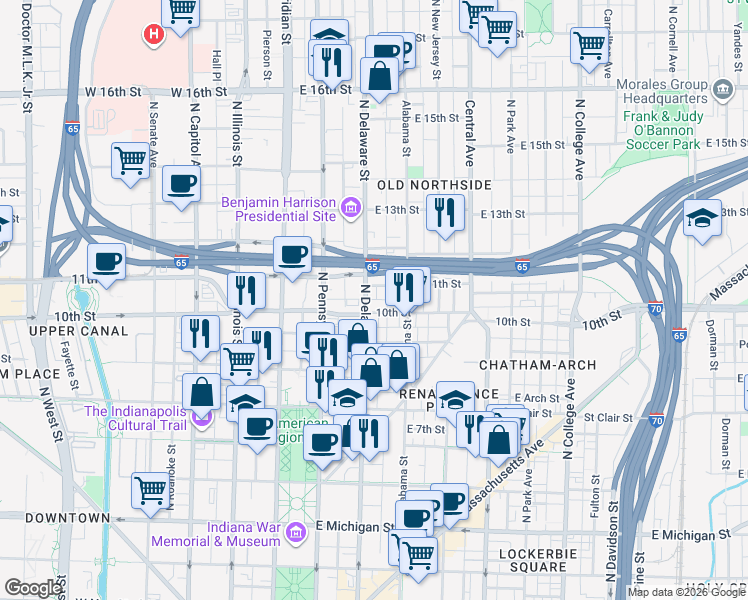 map of restaurants, bars, coffee shops, grocery stores, and more near 1015 North Delaware Street in Indianapolis