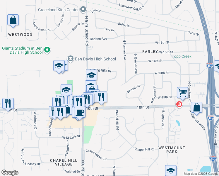 map of restaurants, bars, coffee shops, grocery stores, and more near 1136 Topp Creek Drive in Indianapolis