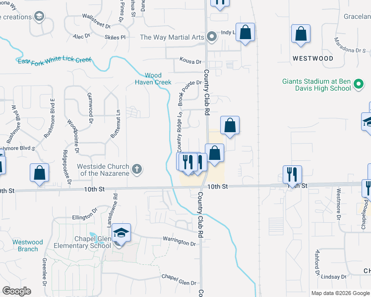 map of restaurants, bars, coffee shops, grocery stores, and more near 1218 Country Ridge Lane in Indianapolis
