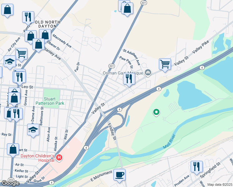 map of restaurants, bars, coffee shops, grocery stores, and more near 1217 Valley Street in Dayton