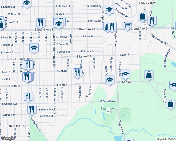 map of restaurants, bars, coffee shops, grocery stores, and more near 2200 Joyce Lane in Springfield
