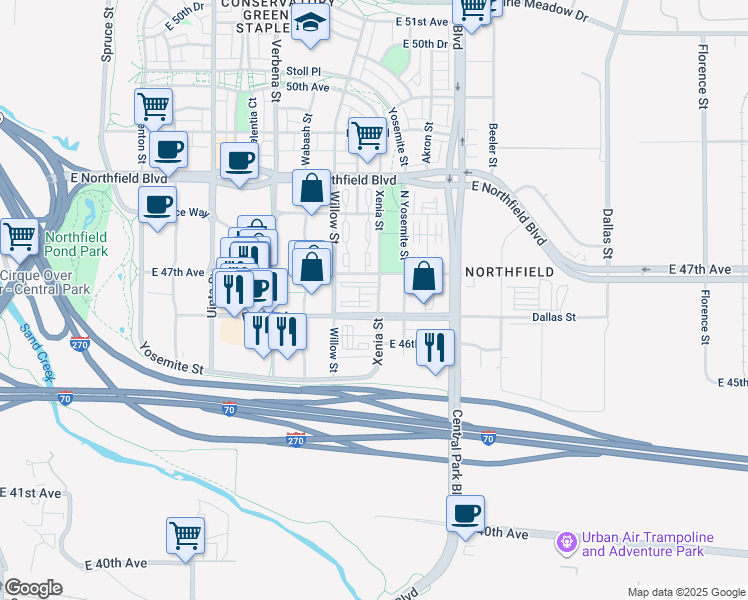 map of restaurants, bars, coffee shops, grocery stores, and more near 4667 Xenia Street in Denver