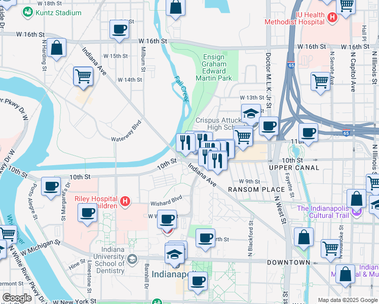 map of restaurants, bars, coffee shops, grocery stores, and more near 940 West 10th Street in Indianapolis
