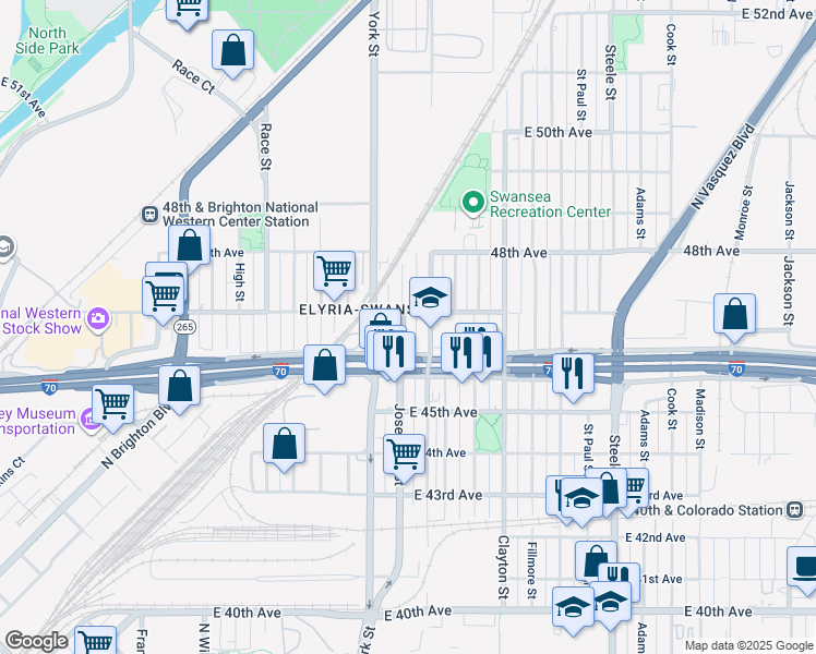 map of restaurants, bars, coffee shops, grocery stores, and more near 4670 Josephine Street in Denver