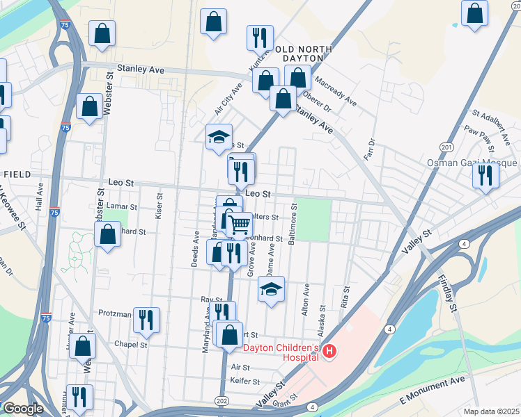 map of restaurants, bars, coffee shops, grocery stores, and more near 408 Grove Ave in Dayton