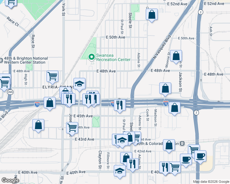 map of restaurants, bars, coffee shops, grocery stores, and more near 4665 Milwaukee Street in Denver