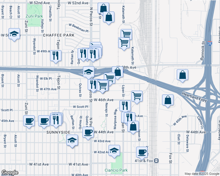 map of restaurants, bars, coffee shops, grocery stores, and more near 1280 West 47th Avenue in Denver