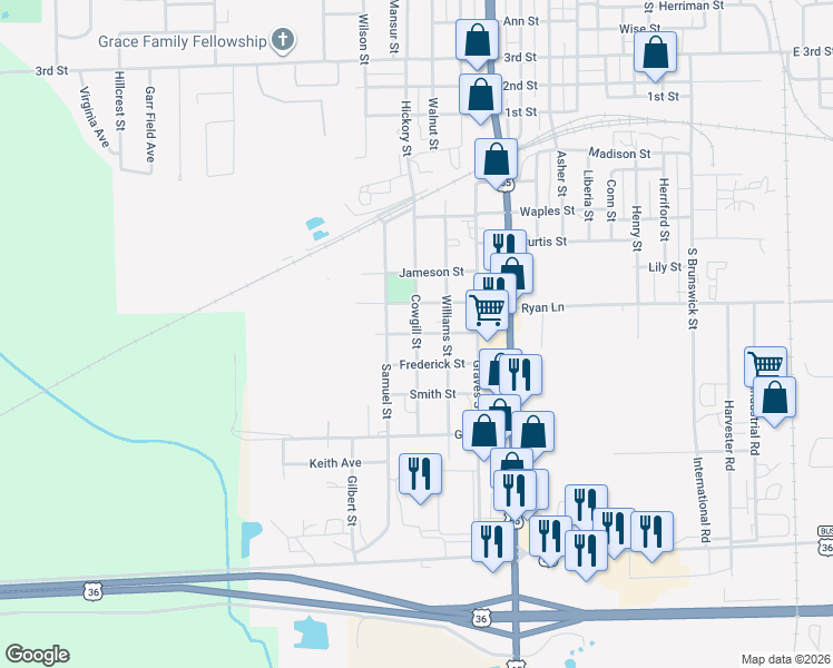map of restaurants, bars, coffee shops, grocery stores, and more near 1100 Olive Street in Chillicothe