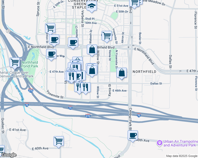map of restaurants, bars, coffee shops, grocery stores, and more near 4660 Willow Street in Denver