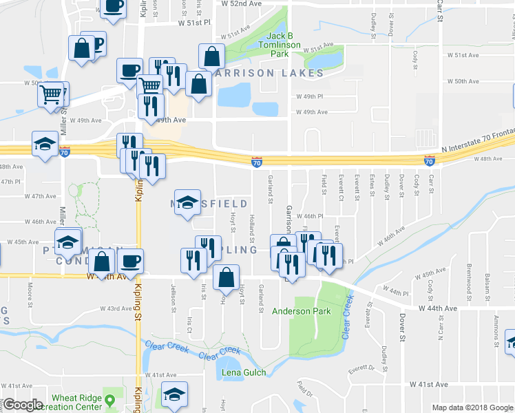map of restaurants, bars, coffee shops, grocery stores, and more near 4620 Holland Street in Wheat Ridge