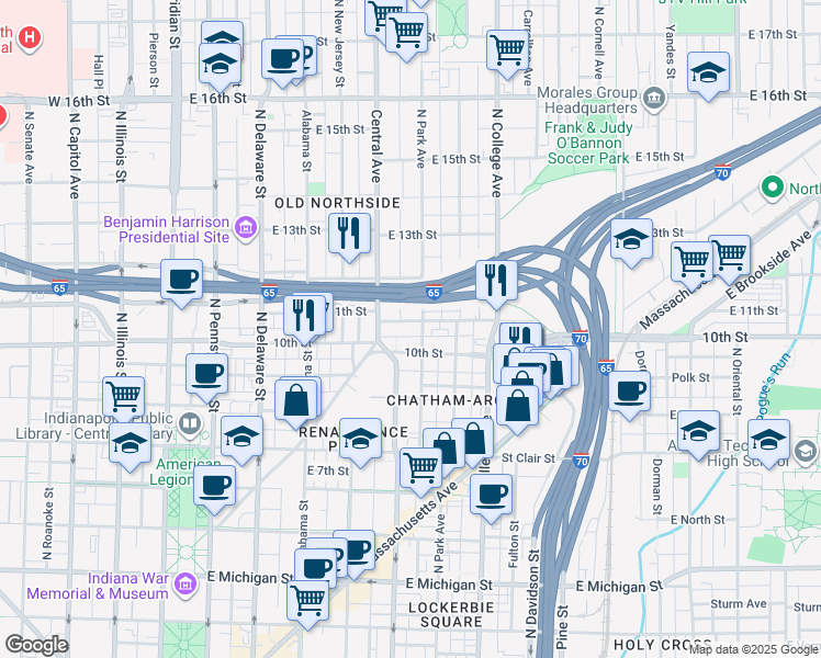map of restaurants, bars, coffee shops, grocery stores, and more near 537 East 11th Street in Indianapolis