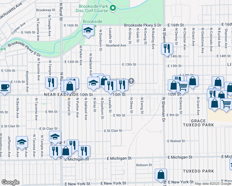 map of restaurants, bars, coffee shops, grocery stores, and more near 3318 East 10th Street in Indianapolis