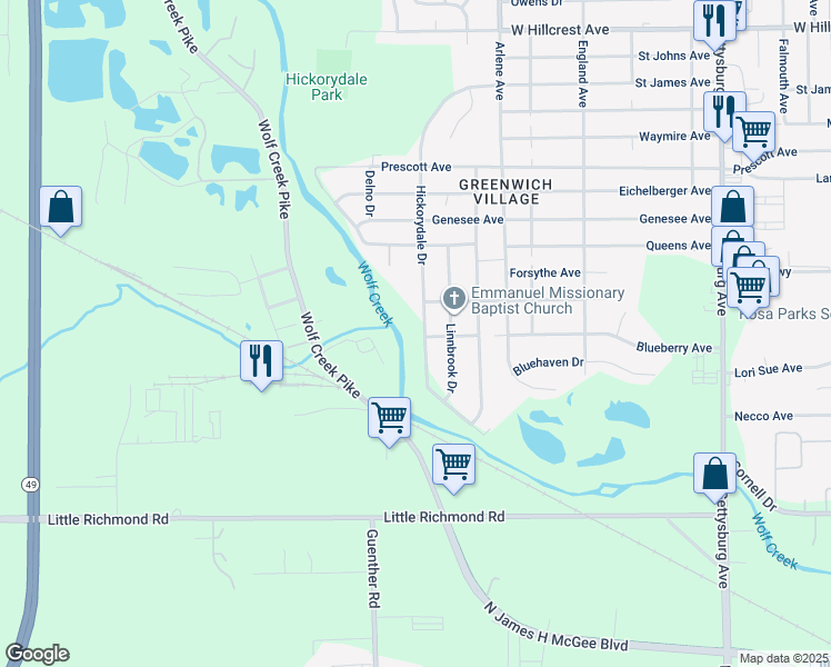 map of restaurants, bars, coffee shops, grocery stores, and more near 1704 Hickorydale Drive in Dayton