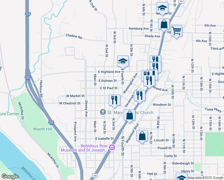 map of restaurants, bars, coffee shops, grocery stores, and more near 1918 North 3rd Street in Saint Joseph