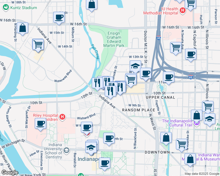 map of restaurants, bars, coffee shops, grocery stores, and more near 1048 Brooks Street in Indianapolis