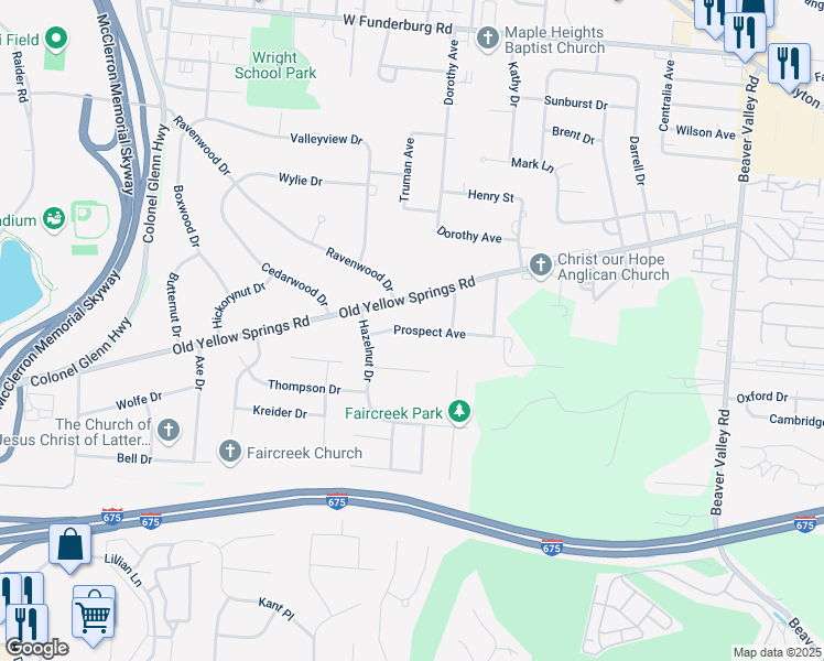 map of restaurants, bars, coffee shops, grocery stores, and more near 2827 Prospect Avenue in Fairborn