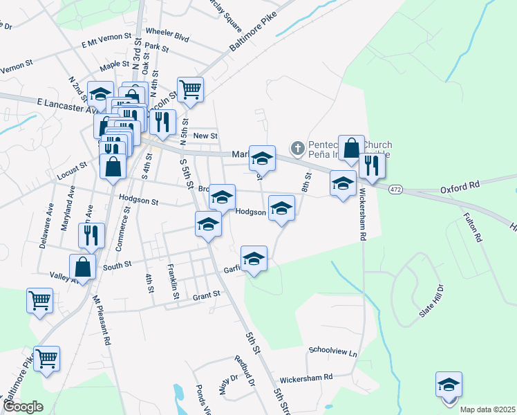 map of restaurants, bars, coffee shops, grocery stores, and more near 643 Hodgson Street in Oxford
