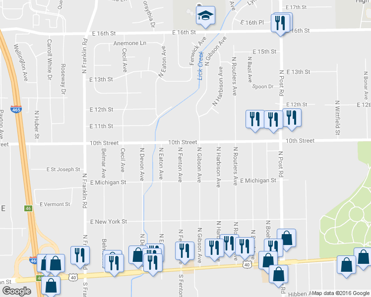 map of restaurants, bars, coffee shops, grocery stores, and more near 987 North Fenton Avenue in Indianapolis