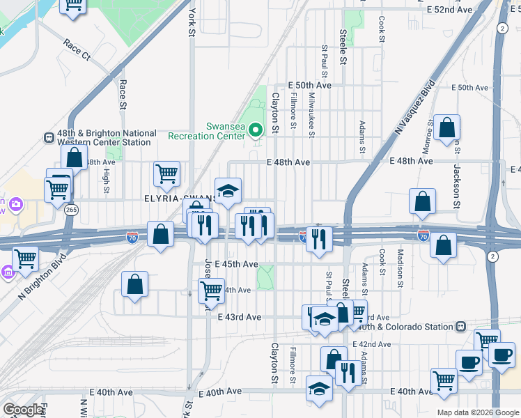 map of restaurants, bars, coffee shops, grocery stores, and more near 4671 Thompson Court in Denver