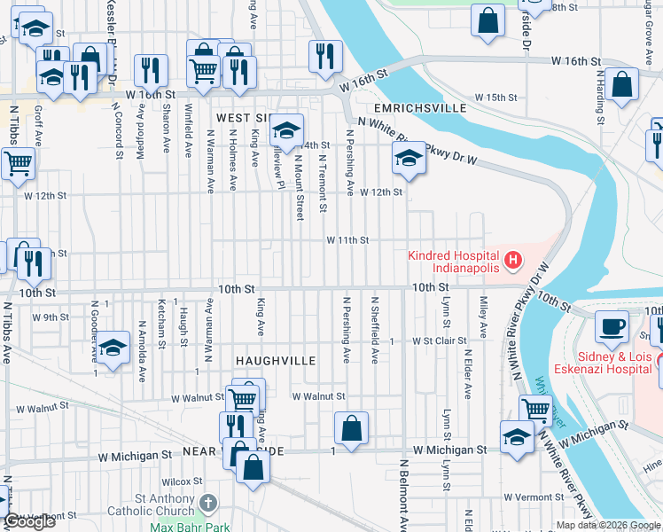 map of restaurants, bars, coffee shops, grocery stores, and more near 1029 N Tremont St in Indianapolis