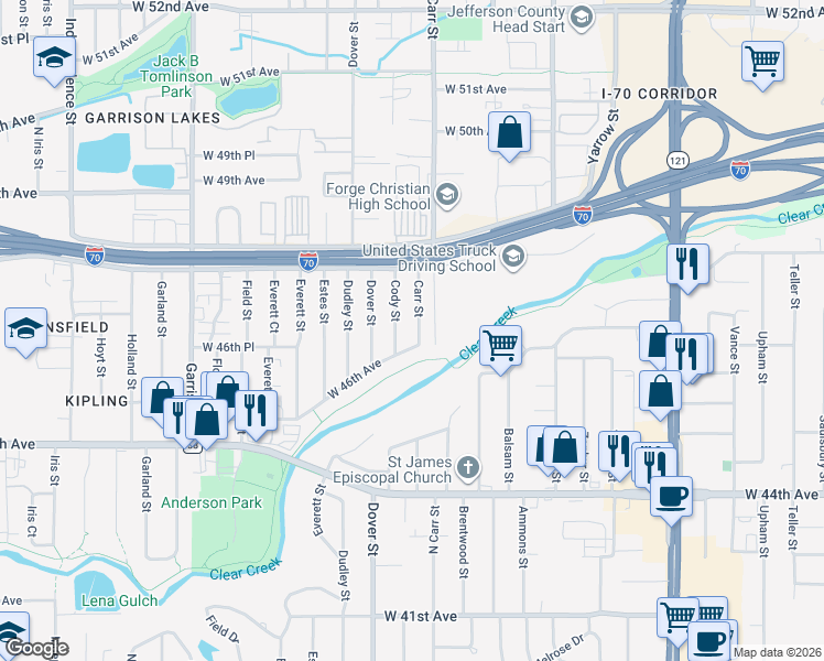 map of restaurants, bars, coffee shops, grocery stores, and more near 4705 Carr Street in Wheat Ridge