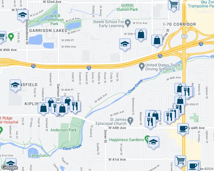 map of restaurants, bars, coffee shops, grocery stores, and more near 4704 Dover Street in Wheat Ridge