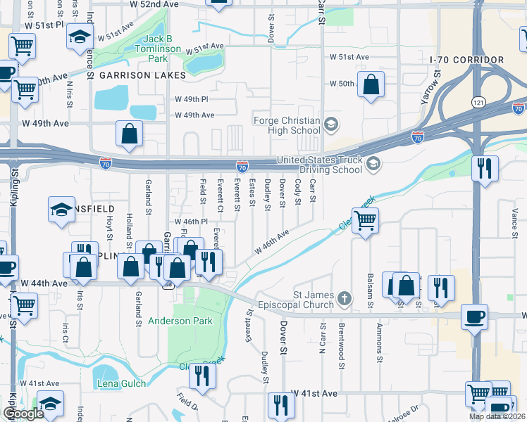 map of restaurants, bars, coffee shops, grocery stores, and more near 4705 Dudley Street in Wheat Ridge