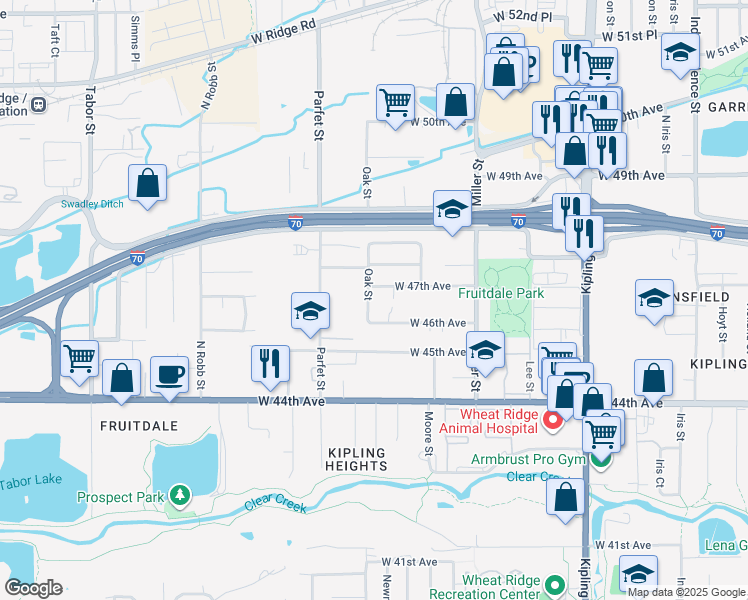 map of restaurants, bars, coffee shops, grocery stores, and more near 4650 Oak Street in Wheat Ridge