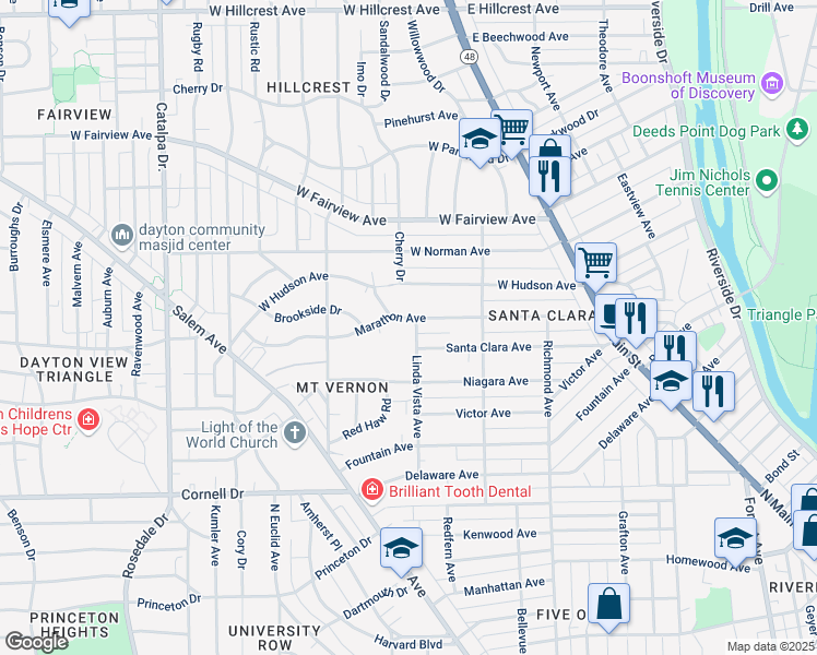 map of restaurants, bars, coffee shops, grocery stores, and more near 1263 Linda Vista Avenue in Dayton