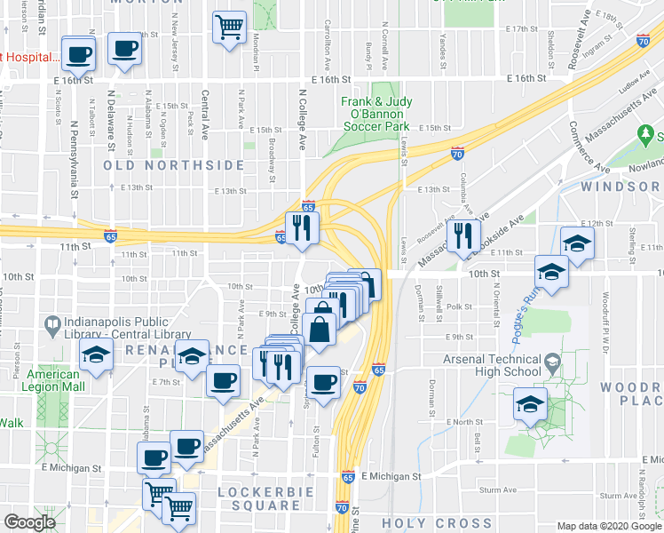 map of restaurants, bars, coffee shops, grocery stores, and more near 1029 Carrollton Avenue in Indianapolis
