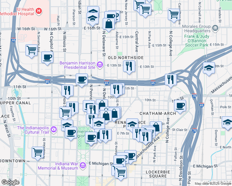 map of restaurants, bars, coffee shops, grocery stores, and more near 1014 North Alabama Street in Indianapolis