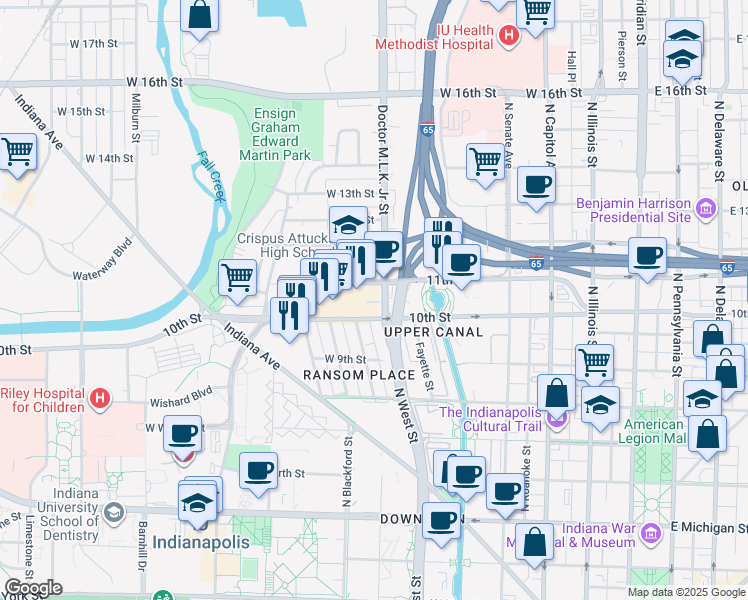 map of restaurants, bars, coffee shops, grocery stores, and more near 1022 Doctor Martin Luther King Junior Street in Indianapolis