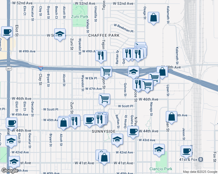 map of restaurants, bars, coffee shops, grocery stores, and more near 1935 West 47th Avenue in Denver